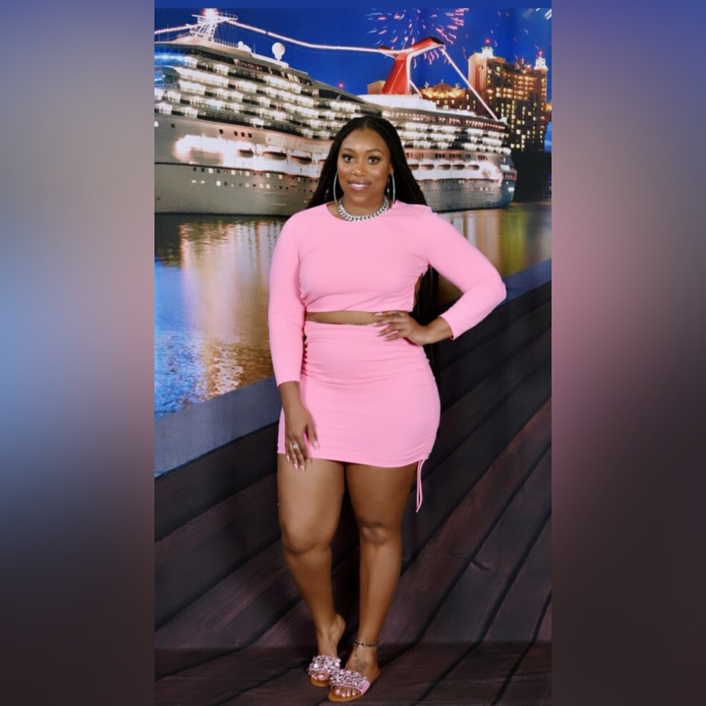 Zara Pink Ruched Crop Blouse and Mini Ruched Skirt.